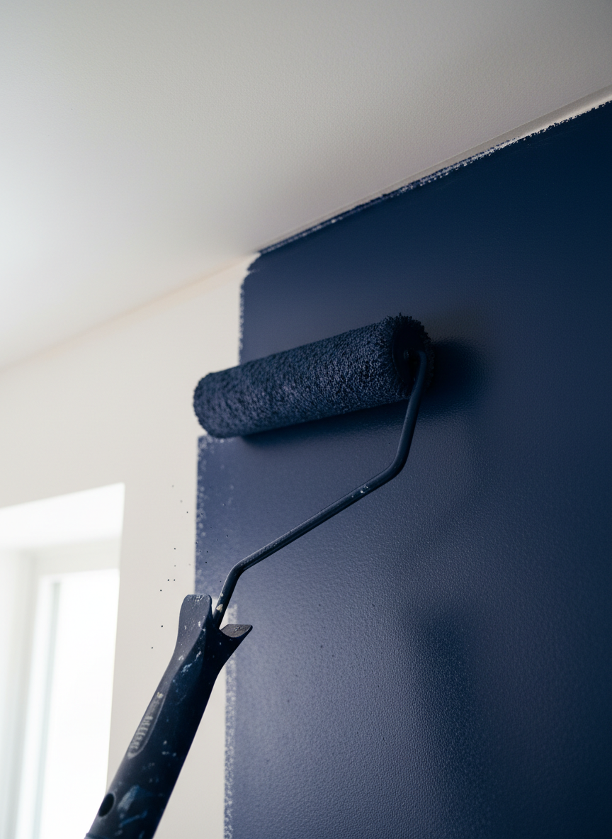 Professional painter applying smooth navy paint to an interior wall