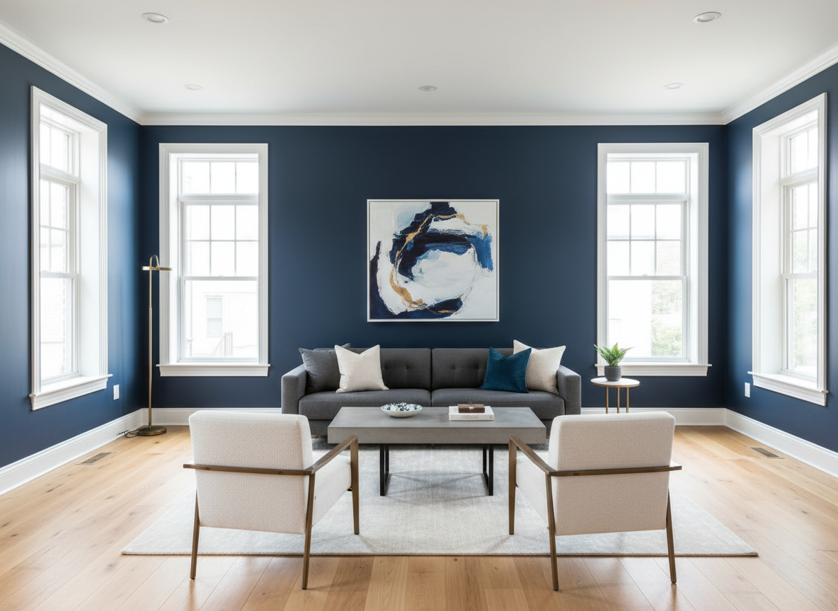 Freshly painted modern living room with a navy accent wall and crisp white trim